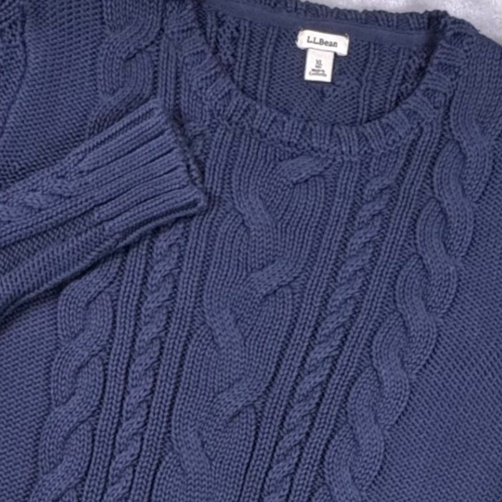 LL Bean Womens XL Navy Blue Cotton Cable Knit Crew Neck Sweater 517898